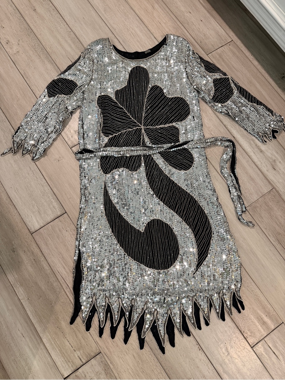 Girls Silver Sequin Party Dress with Black Applique